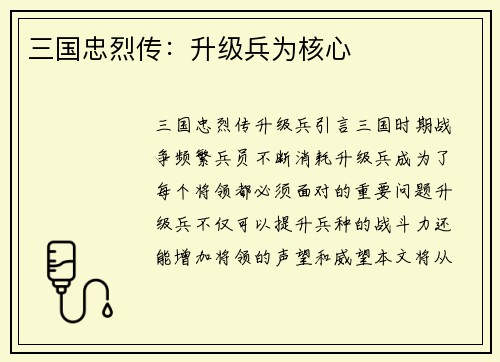 三国忠烈传：升级兵为核心